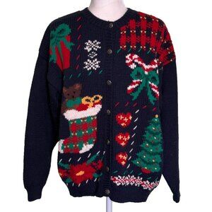 Vintage Karen Scott Women's Navy Blue Christmas Cardigan Size Large
